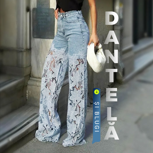 👖Blugi moderni din denim cu petice de dantelă