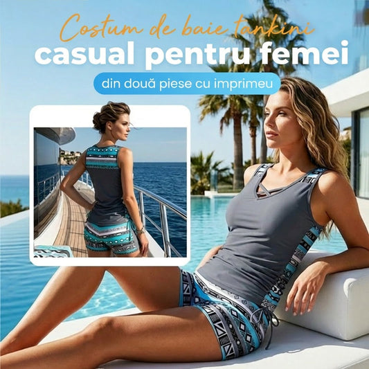 Costum de baie din două piese, tip tankini, pentru femei, cu imprimeu