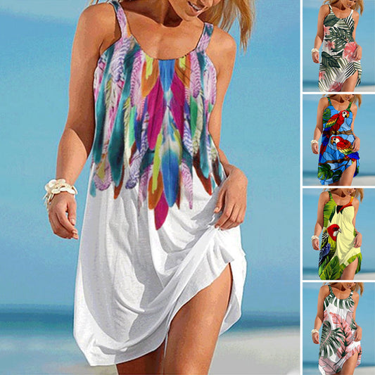 🌈U-Neck colorat imprimat vrac scurt spaghete curea rochie