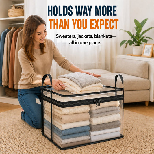 💕HomeVault™🇬🇧 Sac de depozitare transparent – model mare, rezistent la praf și umiditate, cu mâner✨Organizator multifuncțional perfect pentru haine, jucării, cărți, animale de pluș și absolut orice! 🧸📚👕🧦