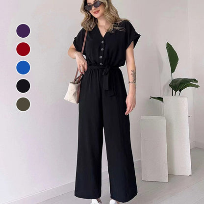 💖 Femeii V-Neck cu mânecă scurtă Casual Jumpsuit