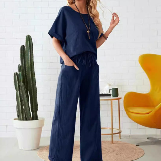 🔥Set de 2 piese cu bluză casual uni și pantaloni cu șnur