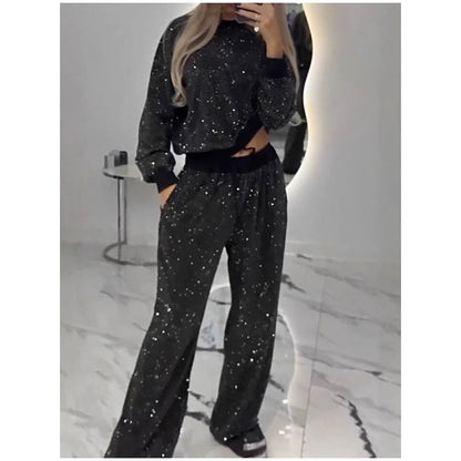 Top cu paiete și pantaloni cu picior larg set două piese