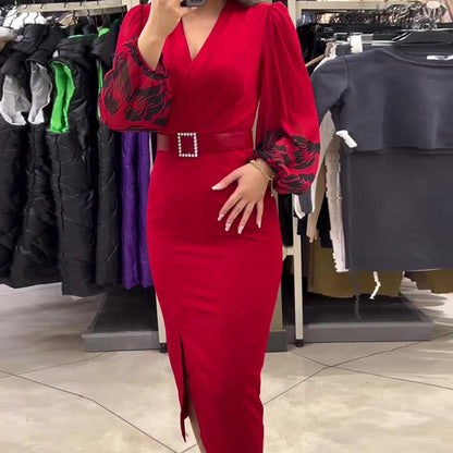 Rochie elegantă cu decolteu în V, de culoare roșie, pentru femei