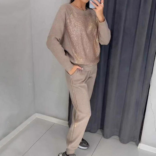 💝Hanorac pentru femei cu sclipici din pietre și set de pantaloni casual din 2 piese