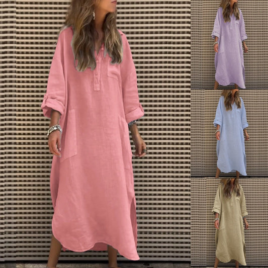 💕 Rochie casual de culoare solidă cu mânecă lungă și buzunare pentru femei