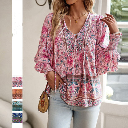 💖Moda femeilor imprimate V-Neck Long Sleeve Shirt