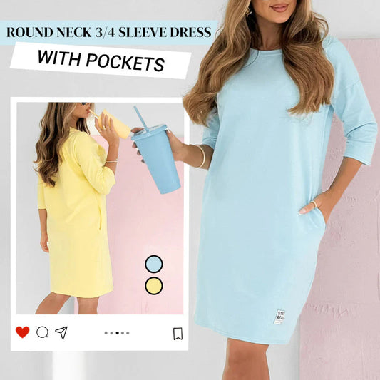 💝Rochie cu gât rotund și mânecă 3/4 cu buzunare