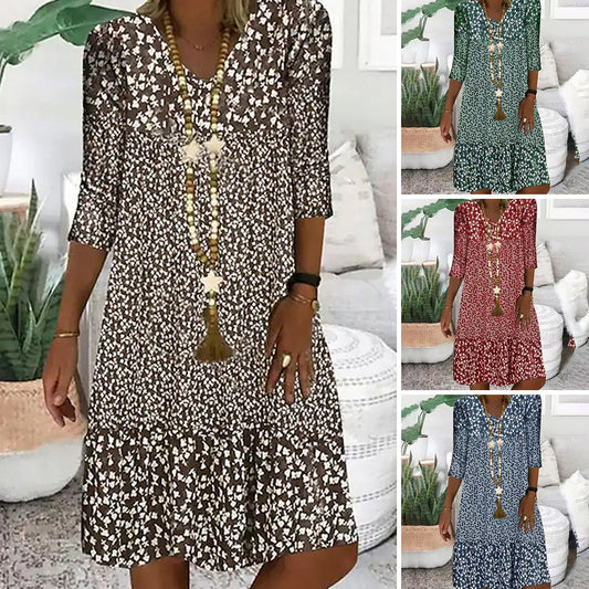 Moda femeilor imprimate mijlocul maneca V-Neck rochii