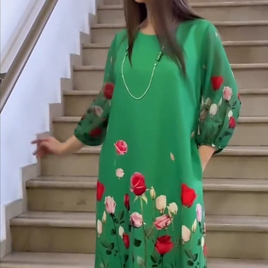 Rochie florală elegantă de damă cu decolteu rotund