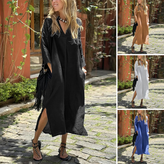 Rochie lungă casual pentru femei cu decolteu în V, buzunare și tiv tăiat