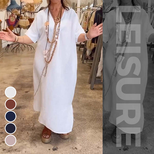 💖Rochie lungă din bumbac cu buzunare, cu croială, de culoare solidă