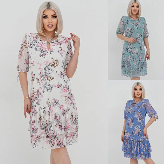 Rochie lungă elegantă cu mânecă scurtă plisată pentru femei