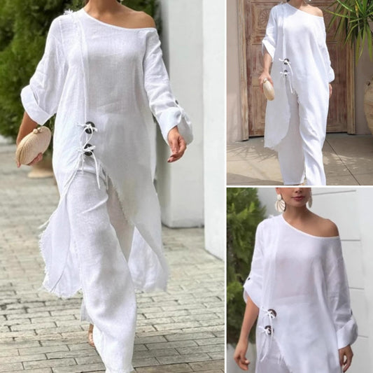 💖Femei moda culoare solidă Slant umăr lung Top & pantaloni două piese Set
