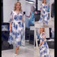 Rochie elegantă din șifon imprimat albastru și alb