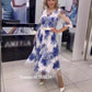 Rochie elegantă din șifon imprimat albastru și alb