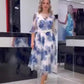 Rochie elegantă din șifon imprimat albastru și alb
