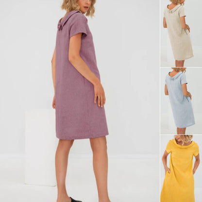 Rochie casual de damă cu mânecă scurtă, din material bumbac și in, în cel mai nou stil