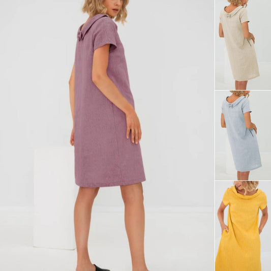 Rochie casual de damă cu mânecă scurtă, din material bumbac și in, în cel mai nou stil