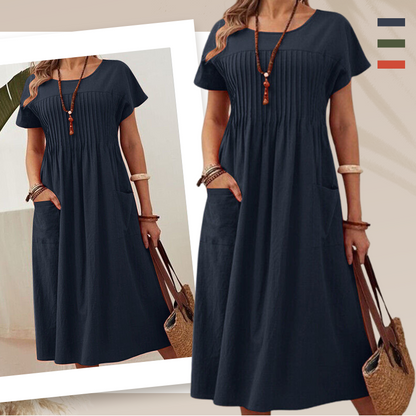 【S-4XL】👗Rochie plisată pentru femei cu mâneci scurte și buzunare