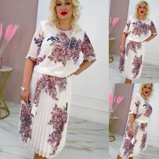 👗 Rochie Feminină cu Gât Rotund Plisat 🌸 | Imprimat Floral & Detalii Plisate