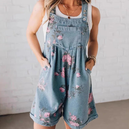 La modă Vintage Floral Print Denim Jumpsuit