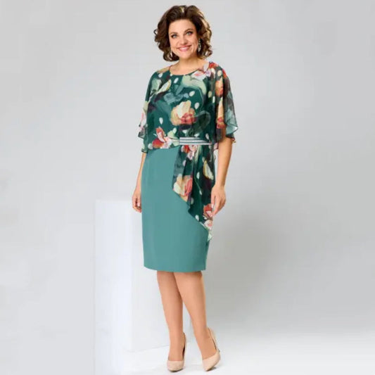 👗 Rochie Elegantă din Șifon cu Gât Rotund 🌸 | Imprimat Floral Subtil | Tăietură Fluida