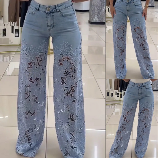 👖Blugi moderni din denim cu petice de dantelă