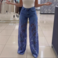👖Blugi moderni din denim cu petice de dantelă