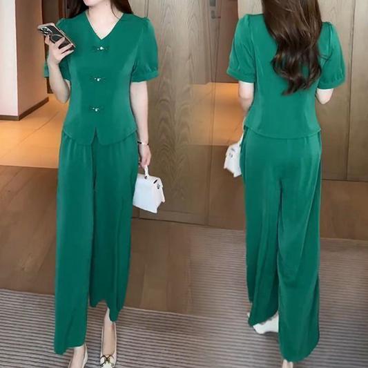 💖Top cu mânecă scurtă cu gât în V și pantaloni cu picioare largi asortați (set din 2 piese)