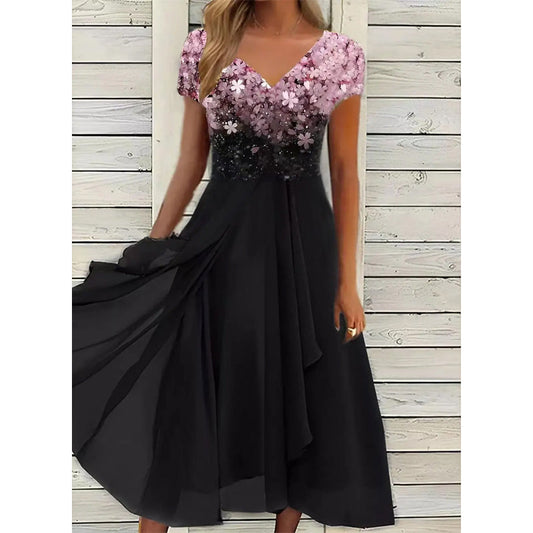 Rochie de patchwork imprimată cu decolteu în V, de vară, pentru femei