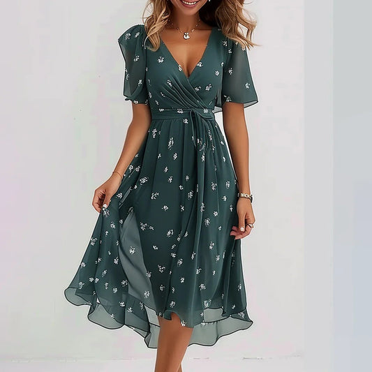 🔥 Rochie midi albastră cu mâneci scurte✨