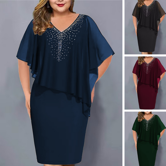 ✨Rochie din sifon cu decolteu ascuțit cu inserții de pietre prețioase