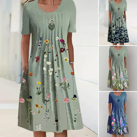 Femeii Floral rotund gât genunchi lungime rochie