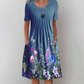 Femeii Floral rotund gât genunchi lungime rochie