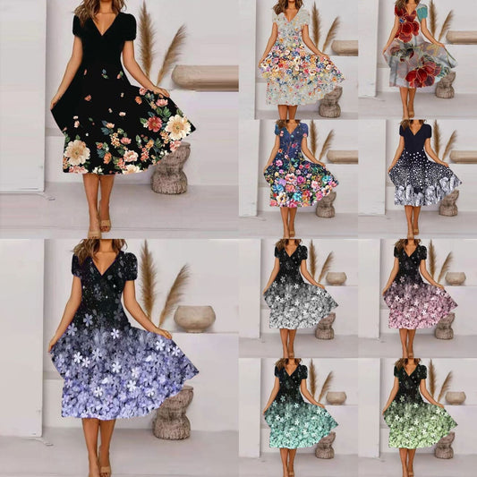 🌸 Rochie fluidă imprimată cu decolteu în V pentru femei
