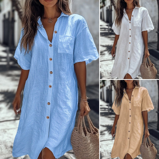 Rochie cămașă casual din bumbac și in