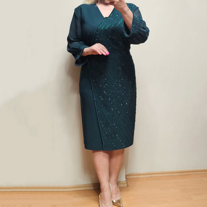 Rochie midi elegantă cu decolteu V și mărgele pentru femei
