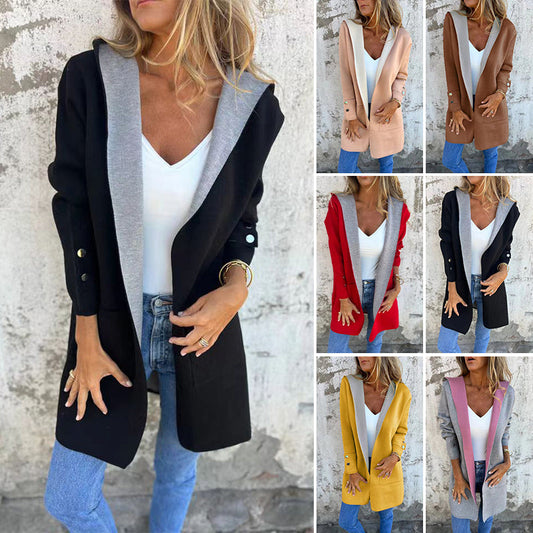 🌸Noutăți de toamnă💐 Cardigan pentru femei cu deschidere în față și design contrastant cu glugă