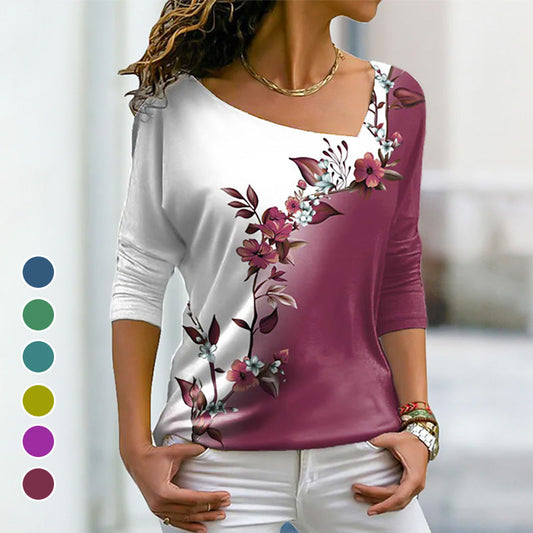 Femei cu mânecă lungă V-Neck Floral Colorblock T-Shirt