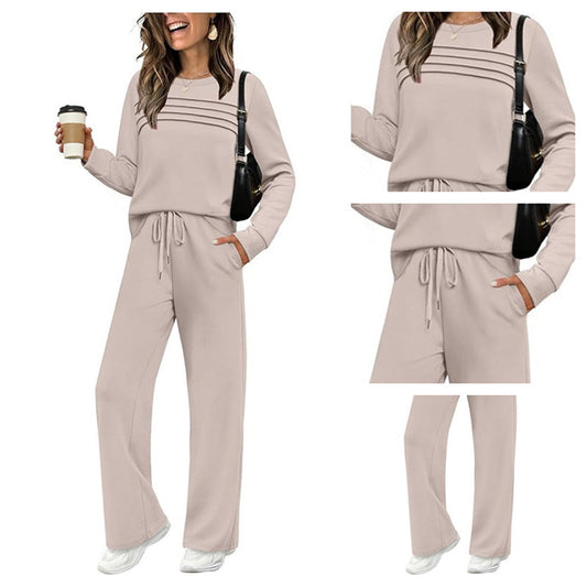 Set pentru femei cu bluză cu gât rotund și pantaloni cu șnur