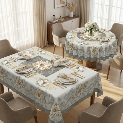 O față de masă elegantă, impermeabilă, cu un model floral în relief – rezistentă la ulei, care nu se șifonează și se poate spăla la mașina de spălat