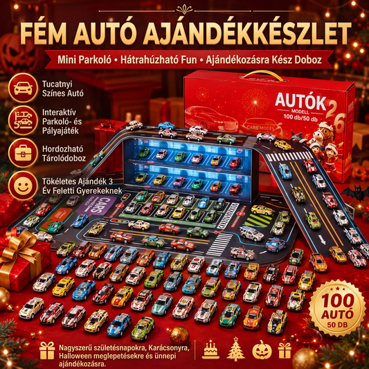 🎁 Cutie cadou cu mașinuțe cu motor – 48 de mașinuțe și garaj cu lumini