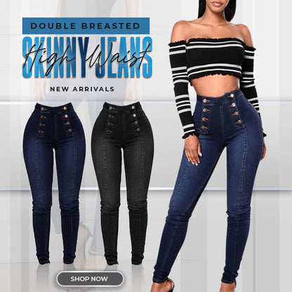 👖Blugi skinny cu talie înaltă și piept dublu